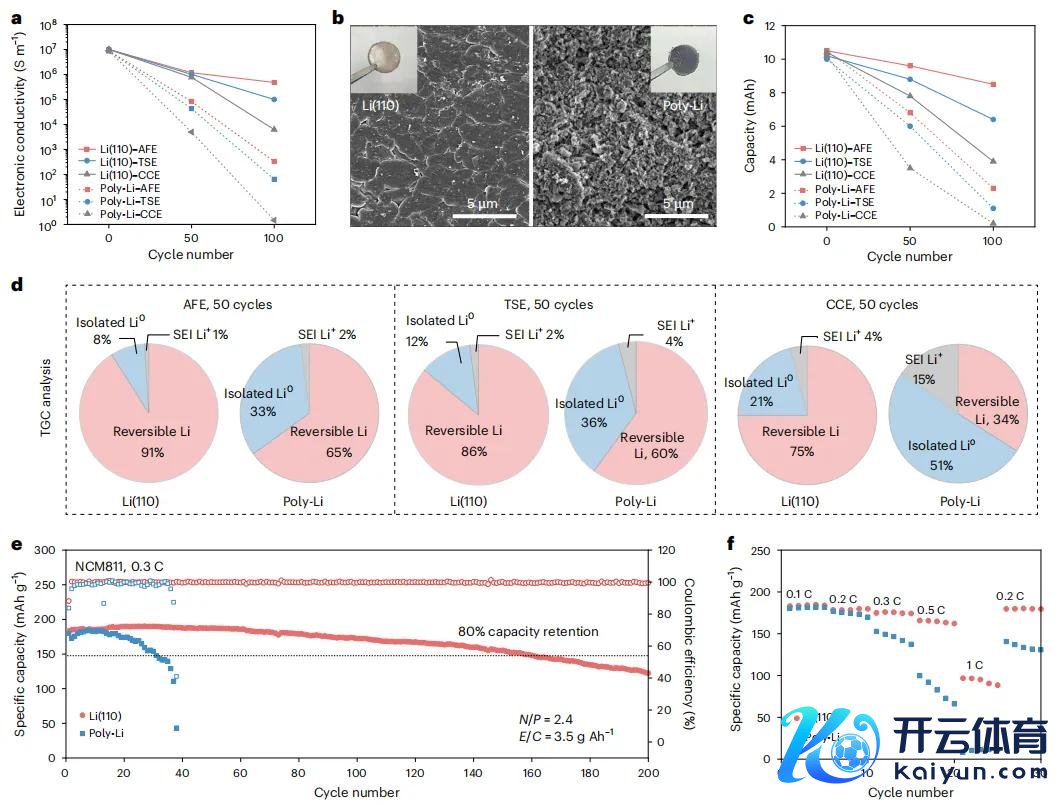 图3. 单晶Li(110)金属负极在液态电解质中的电化学剖判性。